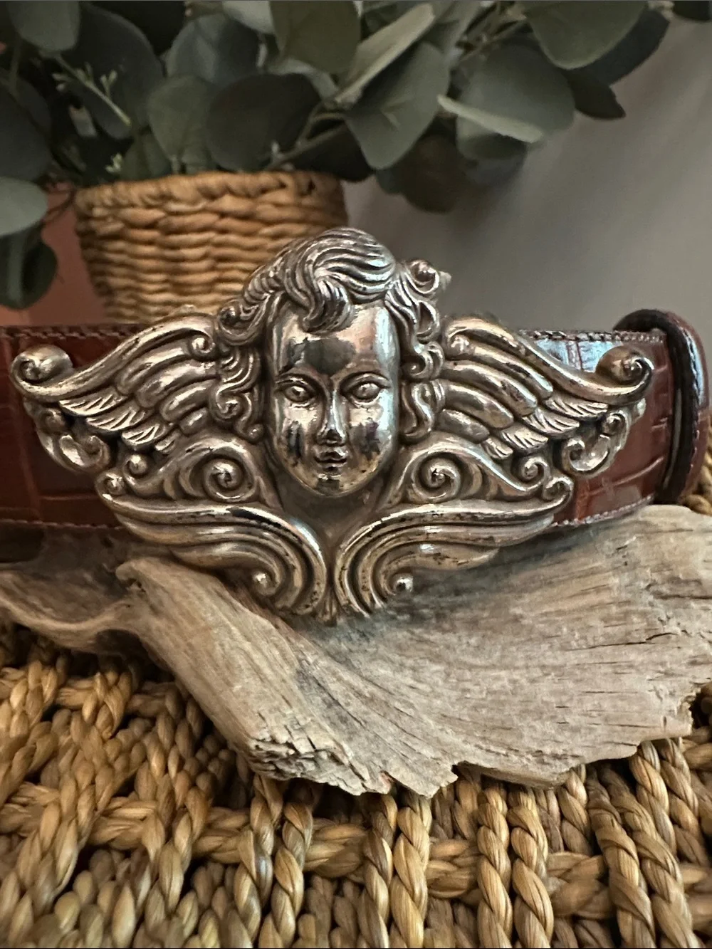Brighton 1995 Brown crocodile leather M cherub Cupid silver buckle belt